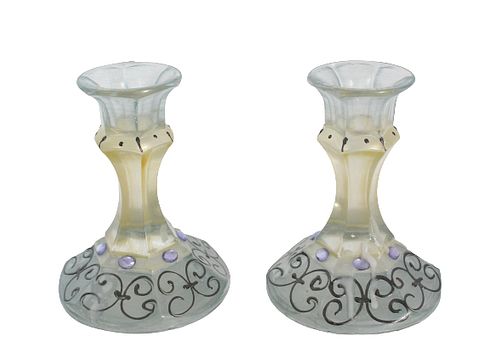 Pair of Frosted Decorative Candlestick Holders