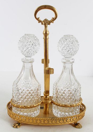 Antique Gilt Perfume Caddy w Crystal Bottles