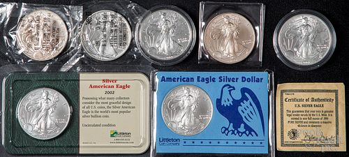 Seven American Eagle, 1 ozt. fine silver coins