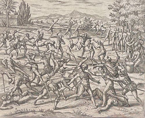 De Bry - Latin America - Native Americans and Spanish fight each other in Mexico. Military aspects include scene of warfare, swords, and musical instr