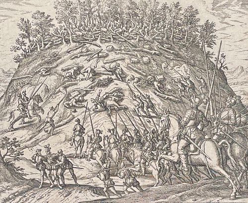 De Bry - Latin America - Native Americans roll logs down a hill while European soldiers attack from the bottom. Includes scene of warfare, guns or mus