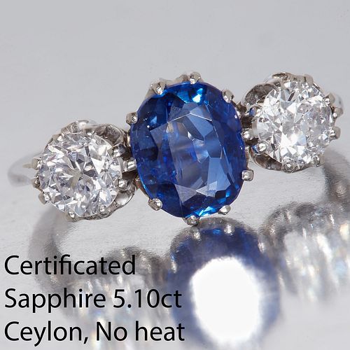 CERTIFICATED CEYLON SAPPHIRE AND DIAMOND 3-STONE RING