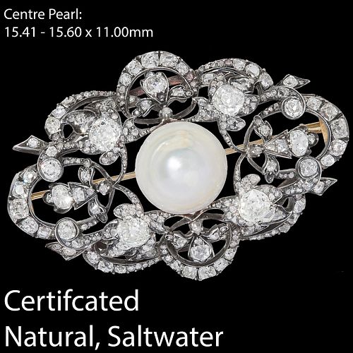 IMPORTANT ANTIQUE NATURAL PEARL AND DIAMOND BROOCH