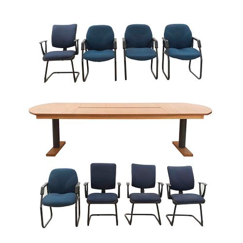 Mesa de juntas y 8 sillones. SXXI. Diferentes diseños. Elaboradas en MDF, material sintético y metal. 75 x 300 x 121 cm (mesa)