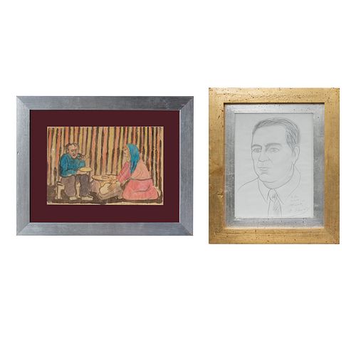 ARTURO ESTRADA (Panindícuaro, Michoacán, 1925 - )  a) Retrato. Firmado. Lápiz de grafito sobre papel. 29 x 22.5 cm. Con dedicato...