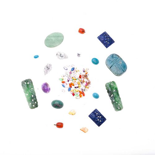 Lote de piedras semipreciosas y simulantes. Lapislázuli, turquesas, jadeita, ámbar y amatista.