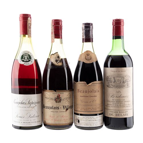 Lote de Vinos Tintos de Francia. Beaujolais Dillages. Bordeaux. En presentaciones de 700 ml. y 750 ml. Total de piezas: 4.
