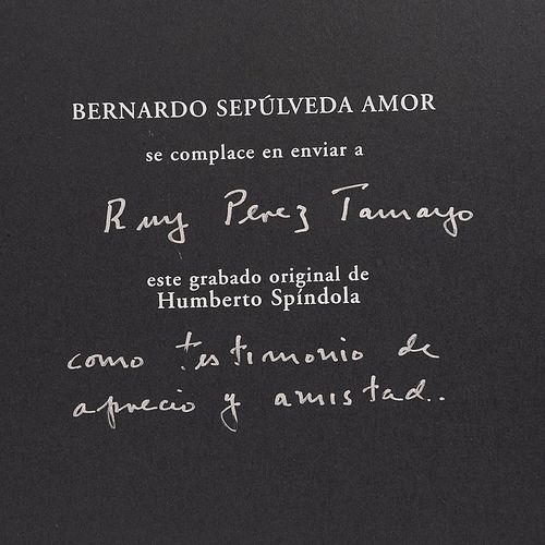 Spíndola, Humberto. Homenaje a Xipe. Grabado 96 / 100, firmado 2000. Dedicado al Dr. Ruy Pérez Tamayo. En carpeta.