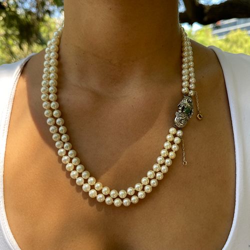 Art Deco Platinum Emerald Pearl Necklace