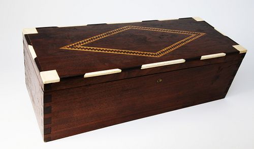 Sailor Made Dovetailed Mahogany, Bone and Cherry Inlaid Box, 19th Century