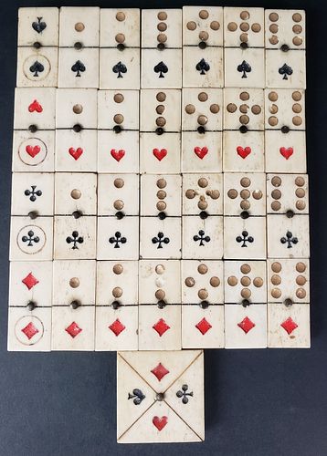 Rare Set of Antique Polychrome Bone & Ebony Southern American Playing Card Dominoes
