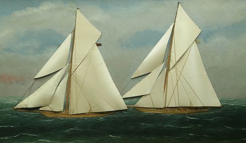 Thomas Willis Silk Embroidery on Painted Canvas "Two Sloops on Choppy Seas"