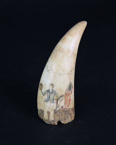 Scrimshawed and Polychromed Antique Sperm Whale Tooth, circa 1850