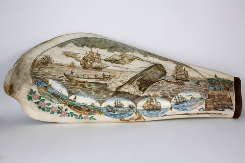 Michael Vienneau Scrimshawed Antique Whale Panbone Engraved with a Whaling Scene