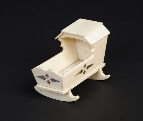 Carved Bone and Mother of Pearl Inlaid Miniature Cradle