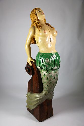 Polychrome Carved Pine Mermaid Ship's Figurehead, 20th Century