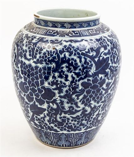 * A Pair of Blue and White Porcelain Jars Height 14 1/2 inches.