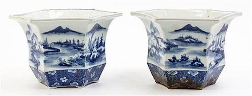 * A Pair of Blue and White Porcelain Jardinieres Diameter 9 1/2 inches.