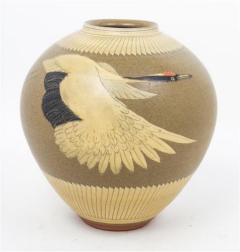A Japanese Painted Pottery Jar Height 11 1/4 inches.