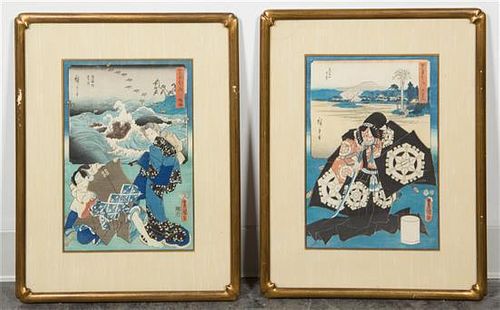 Utagawa Toyokuni, (1785-1864), comprising three works, one depicting a male figure, the other two joint works with Hiroshige.