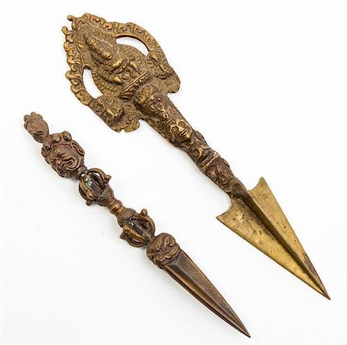 * Two Southeast Asian Bronze Ceremonial Daggers. Length of longer 11 3/4 inches.