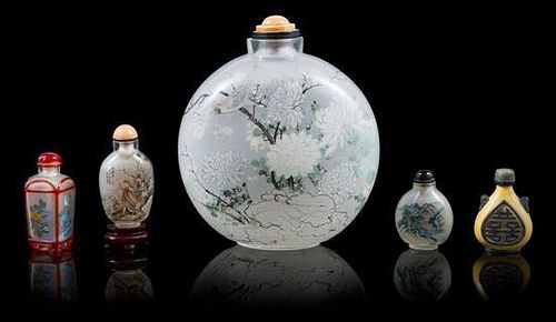 * Five Chinese Glass Snuff Bottles Height of tallest 7 inches.