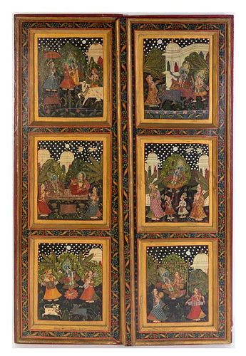 A Pair of Indian Painted Doors Height 41 1/2 x width 13 1/2 inches.