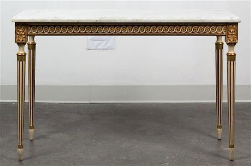 A Louis XVI Style Painted and Parcel Gilt Low Table Height 23 3/8 x width 36 3/8 x depth 14 1/4 inches.