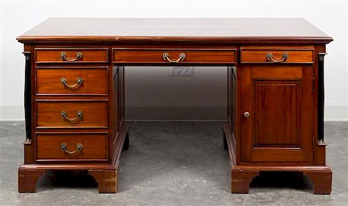 An Empire Style Mahogany Pedestal Desk Height 29 5/8 x width 60 x depth 29 3/8 inches.
