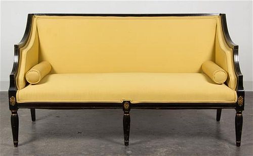 * A Georgian Style Painted and Parcel Gilt Settee Height 33 x length 58 x depth 30 inches.