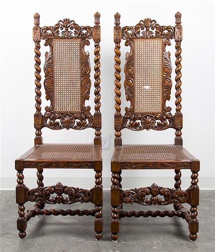 * A Pair of Jacobean Style Side Chairs Height 51 1/2 x width 19 1/4 x depth 17 1/2 inches.