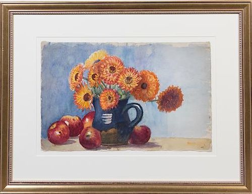 Lebreton, (American, 20th century), Blue Pitcher with Daisies, Blue Pitcher with Zinias, and Zinias, Brioche and Blue Pitcher (a