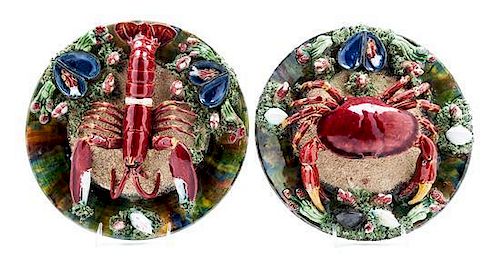 Two Majolica Palissy Style Ceramic Chargers Diameter 12 1/2 inches.