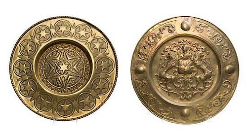Two Brass Chargers Diameter of largest 30 3/4 inches.