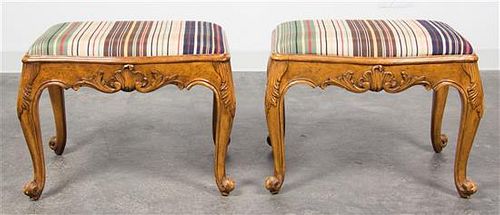 * A Pair of Louis XV Style Walnut Stools Height 17 1/2 x width 22 1/2 x depth 17 1/4 inches.
