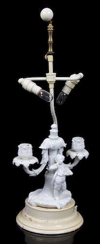 * A Continental Blanc de Chine Figural Two Light Candelabra Overall height of taller 22 1/2 inches.