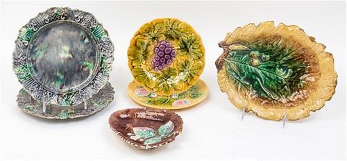 A Collection of Six Majolica Articles Width of widest 11 inches.