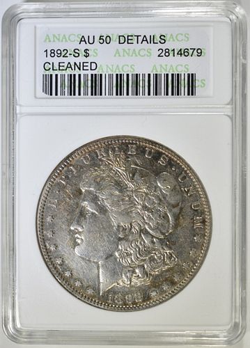 1892-S MORGAN DOLLAR ANACS AU-50 DETAILS CLEANED