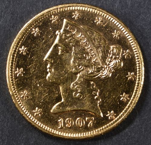 1907-D GOLD $5 LIBERTY  CH/GEM BU