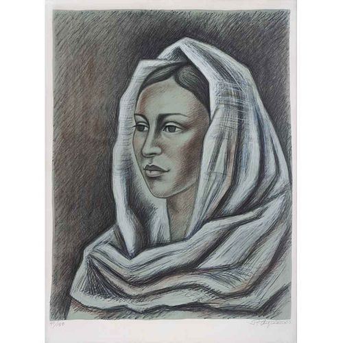 RAÚL ANGUIANO, Mujer con rebozo blanco, Firmada y fechada 83, Litografía 40 / 150, 68 x 55 cm