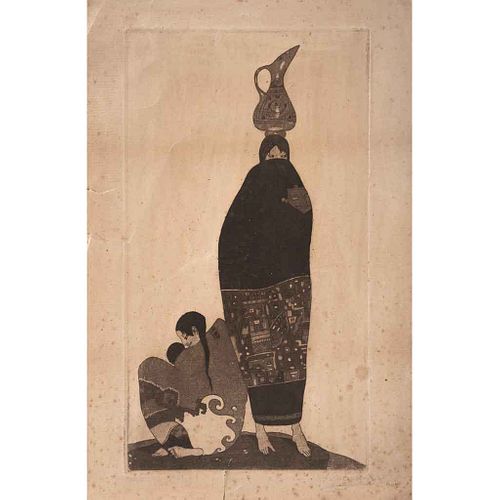 ROBERTO MONTENEGRO, Sin título (Mujer maya), 1926, Firmado, Grabado al aguafuerte y aguatinta S/N, 40 x 25 cm