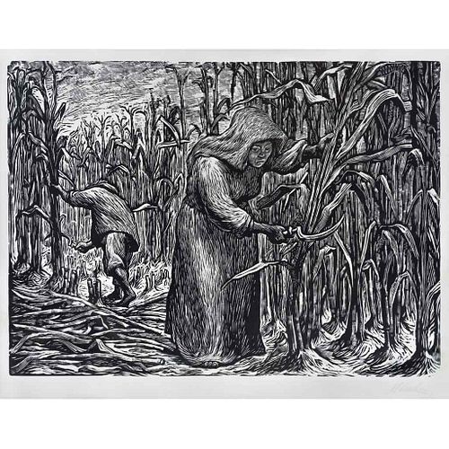 LEOPOLDO MÉNDEZ, La cosecha, 1949, Firmada Linóleograbado S/N, 34 x 44 cm