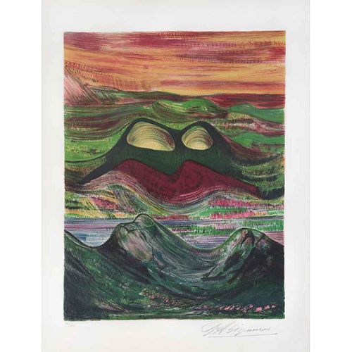 DAVID ALFARO SIQUEIROS, Volcán fosforescente, de la carpeta Mountain Suite, 1969, Firmada, Litografía 46/250, 58 x 48 cm