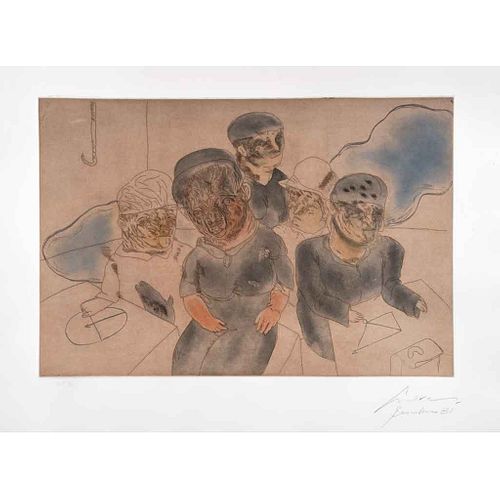 JOSÉ LUIS CUEVAS, La familia del marino, 1981, Firmada y fechada Barcelona 81, Grabado H.C., 56 x 76 cm