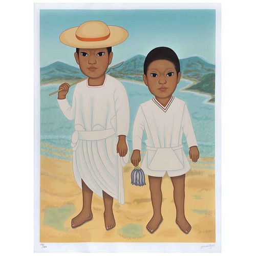 GUSTAVO MONTOYA, La playa, de la serie Niños Mexicanos, Firmada, Serigrafía 172/250, 65 x 49 cm papel. Con sello.