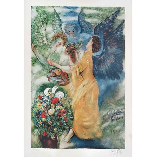 REUVEN RUBIN, Tres ángeles, Firmada Litografía 187 / 200, 60 x 35 cm