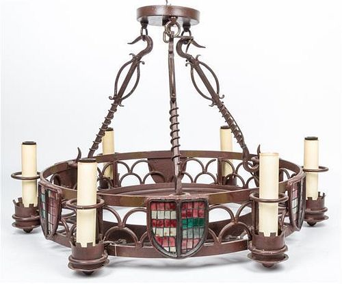 A Gothic Revival Wrought Iron Six-Light Fixture Diameter 22 1/4 inches.