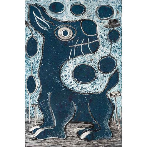 FILOGONIO NAXIN, Noche azulada, 2022, Firmado Monotipo, pigmento comprimido s/papel 1 /1, 179 x 118 cm