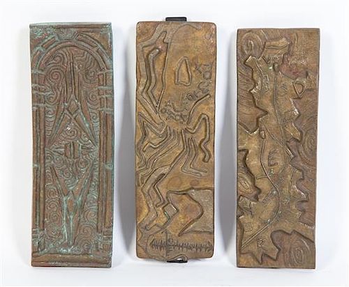 A Set of Three Art Deco Bronze Plaques Length of longest 11 3/4 inches.