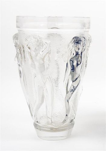 A Lalique Style Molded Glass Vase Height 10 1/2 inches.